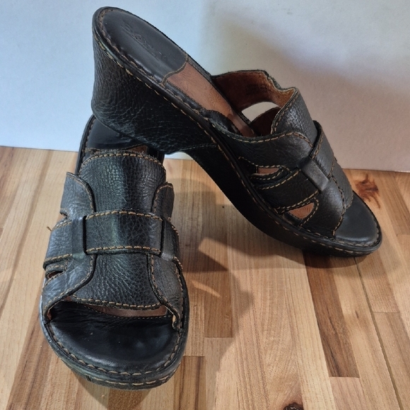 Born Dark Brown Leather Slip On Wedge Sandals - Picture 2 of 9